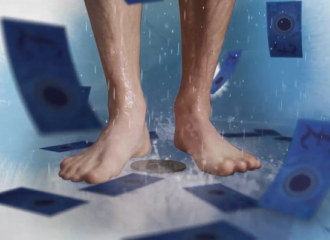 Image showing feet in a shower with money falling down the drain