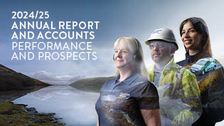 Annual Report and Accounts Performance and Prospects 2024/25 Annual Report front cove with title, three Scottish Water employees against a reservoir and mountain background