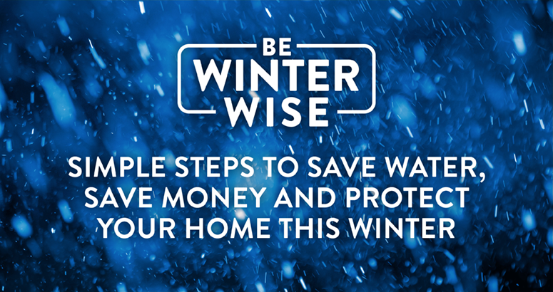 Blue graphic with rain in background with text Be Winter Wise simple steps to save water, save money and protect your home this winter