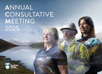 ACM 2025 opaque image of three Scottish Water employees against a reservoir and mountain backdrop with a Scottish Water logo