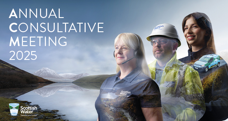 ACM 2025 Opaque image of three Scottish Water staff against a mountain and reservoir backdrop with Scottish Water logo