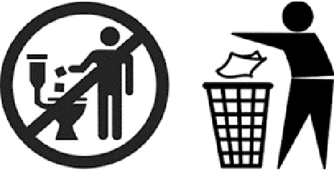 Logo showing graphic of not flushing wipes with stick figure putting wipe in bin