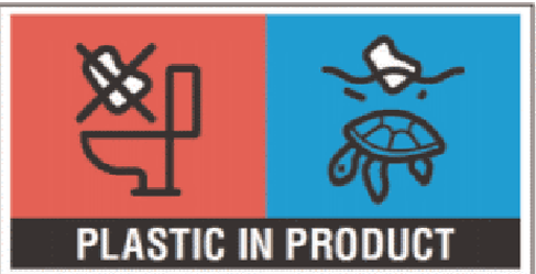 Logo with text 'Plastic in Product and image of toilet and a turtle