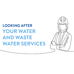 worker line drawing and text Looking After Your Water and Waste Water Services