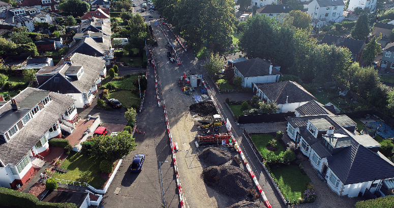 Aerial photo of work underway on Braidholm Road