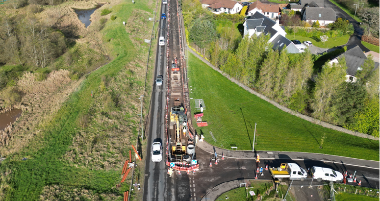 Bird's eye view of construction work and traffic management in place on Glasgow Road, Perth.