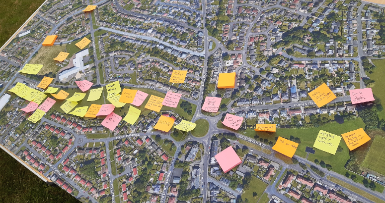 Map of St Leonard park with ideas written on post-it notes