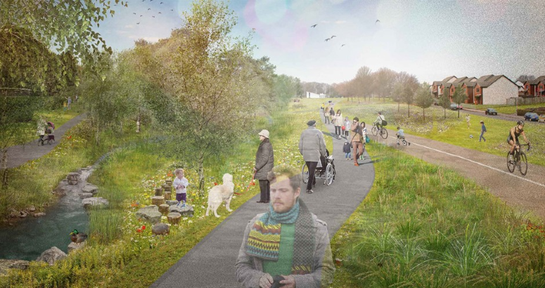 A graphic showing what St Leonards Park could look like with nature-based drainage