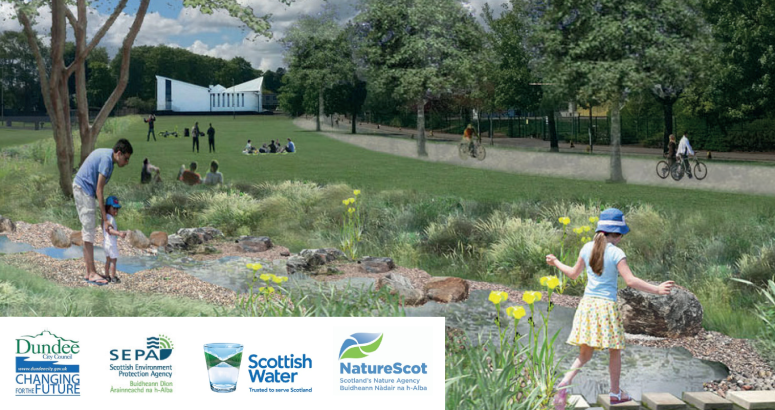 Dundee City Council, SEPA, Scottish Water and NatureScot are working in partnership to tackle drainage issues in St Mary's A montage showing what part of St Leonard Park could look like with the Back Burn reinstated