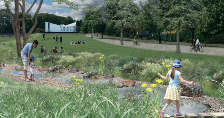 A montage showing what part of St Leonard Park could look like with the Back Burn reinstated