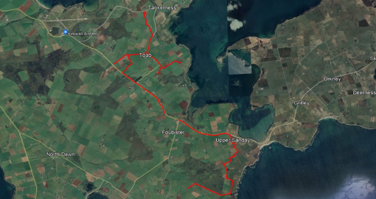 Map of water mains to be renewed between Tankerness and Upper Sanday