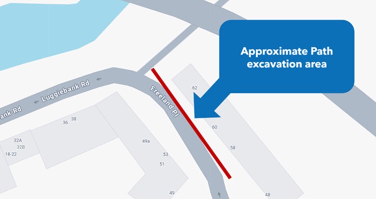 Diagram showing area of path closed on Freeland Place to allow for water main upgrade Diagram showing area of path closed on Freeland Place to allow for water main upgrade