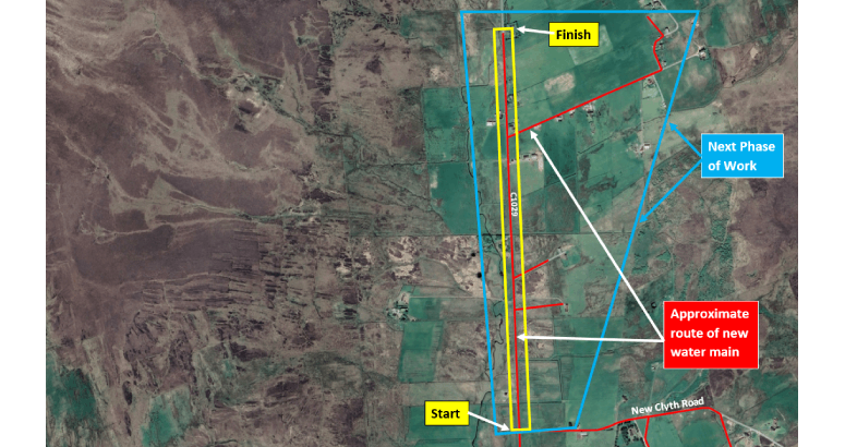 An aerial view of a map showing the Occumster area. The red line shows the route of the new water main and a yellow boxed area marks the area covered by a road closure.