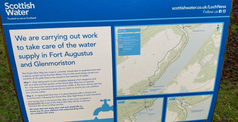 Signage was displayed to divert users of the Great Glen Way while the new water main was installed along the low route between Invermoriston and Fort Augustus