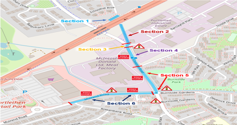 Portlethen map showing Scottish Water road works.