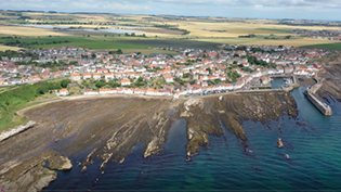 Arial view of coastal town of Pittenweem in Fife