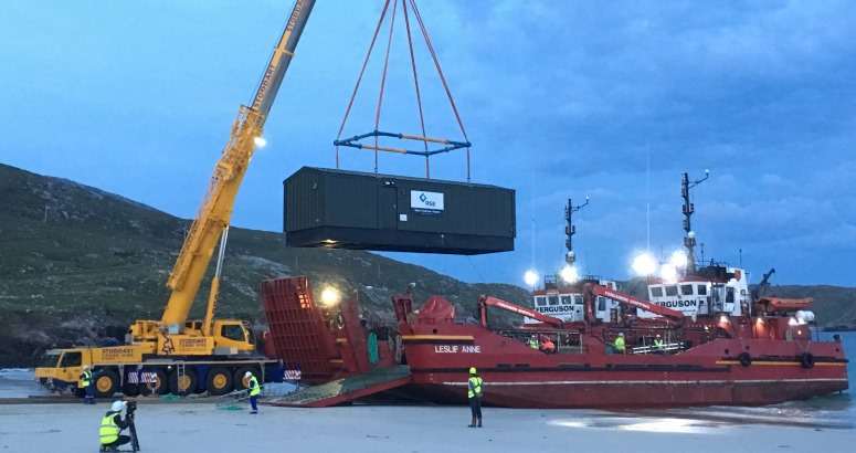 Water Treatment Works being lifted from barge at Huisinis, North Harris