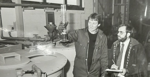 Treatment Operator John Anderson with then Area Manager Joe Moore at the opening of Lairg's previous Water Treatment Works in the early 1990s
