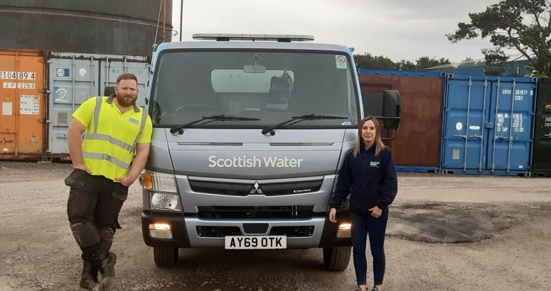 Cameron Maclennan and Tammy Jones from the sewer response team pictured next to a Scottish Water van