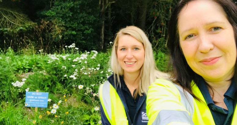 Scottish Water's Nina Ker and Nichola Hepburn pictured in front of the wildflower area at Aberchirder Waste Water Treatment Works