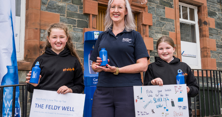 Competition winners Alba Macdougall and Grace Smith with Scottish Water's Lorna Neilson