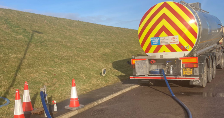 A water tanker in use to maintain water supplies in the Aboyne area following the impact of Storms Malik and Corrie