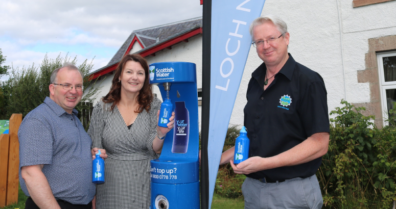 Councillor David Fraser, Chair of Glenurquhart Community Council Dianne Fraser and Manager of the Loch Ness Hub Russell Fraser at the new tap