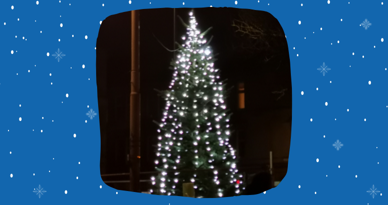 Image of Christmas Tree surrounded by cartoon snow background