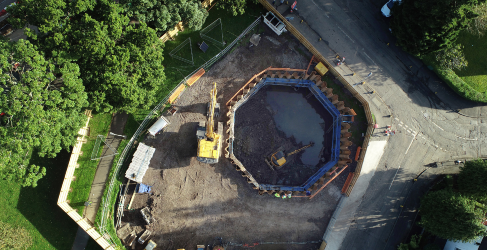 Aerial photograph of excavation of storm water storage tank Braidholm Road Sewer Flooding Project