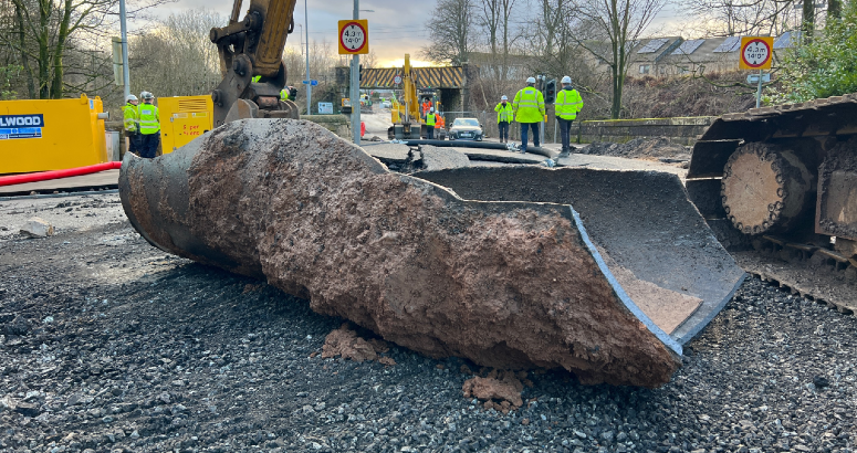 The burst section of 36" water main pipe Auchenhowie Milngavie Burst