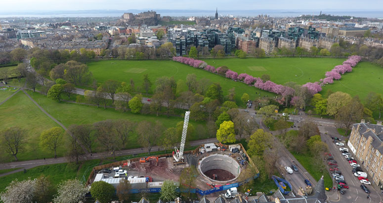 Aerial view of Edinburgh Skyline showing parkland with trees and buildings