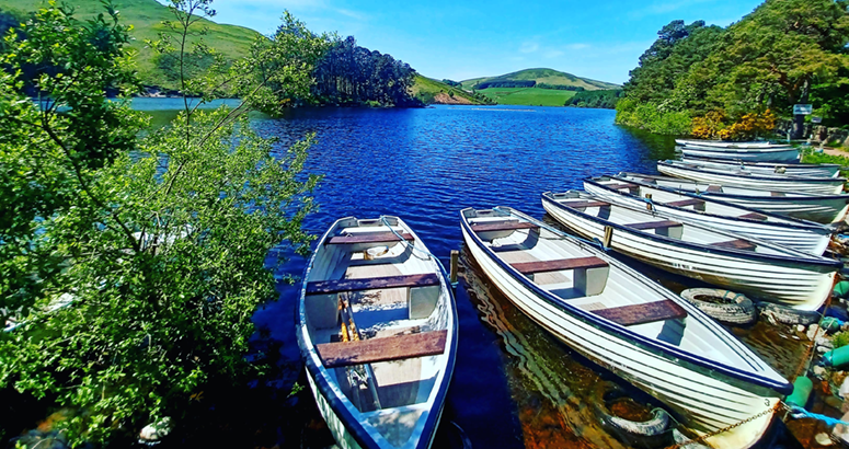 A reservoir with fishing boats on the bank