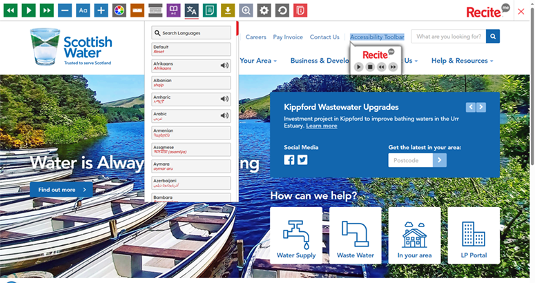 Showing the front page of the Scottish water website with ReciteMe toolbar
