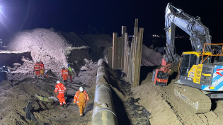 Teams from supply chain partners Geddes and Morrison Construction working in darkness to deliver a challenging pipeline repair by Carnoustie Golf Links, following major damage in the aftermath of Storm Babet