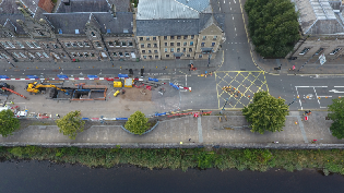Ariel view of construction work of the new sewer on Tay Street in Perth.