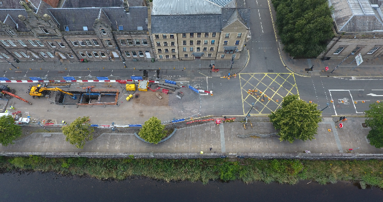 Ariel view of construction work on the new sewer on Tay St in Perth.