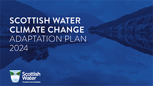 Image shows scottish water logo with  Scottish Water Climate Change Adaptation Plan 2024 text
