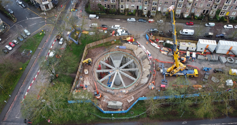 Drone photo showing construction of storm tank roof in Marchmont