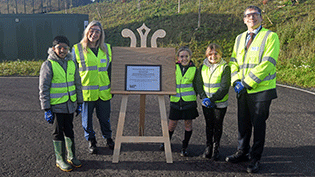 Winchburgh Opening Pupils from Winchburgh Primary School unveiling a plaque to mark the opening of Winchburgh Waste Water Treatment Works with Cabinet Secretary for Net Zero and Energy Gillian Martin and Scottish Water Chief Executive Alex Plant