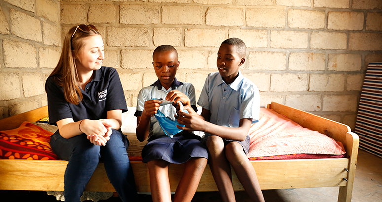 Louise Bannerman talks to Rwandan schoolgirls about menstrual hygiene