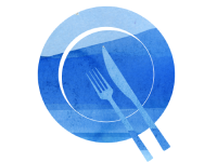 Watercolour graphic of a plate with a knife and fork on top