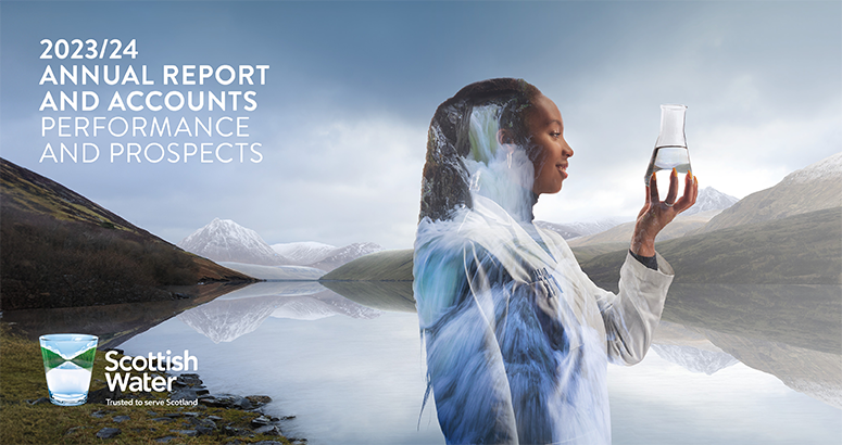 Scottish Water specialist graduate Patricia Lopes holds up glass of water against scenic mountain background