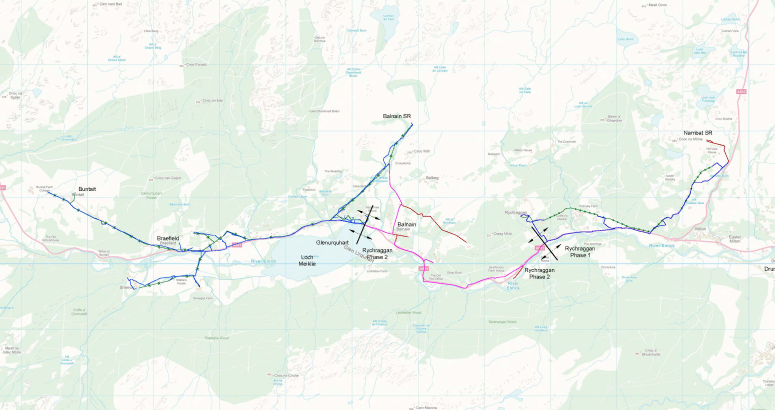 Map graphic showing the extensive renewal of Glenurquhart's water network that is planned, including Rychraggan, Balnain, Shenval and Buntait