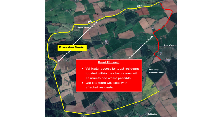 Upcoming road closure along the C460 from the junction with the A85 to the junction at Welltree Road in order to safely install the new water main