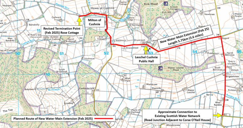 Satellite map of Milton of Cushnie detailing the route of new water main