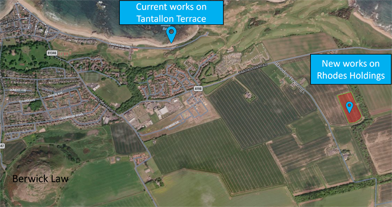 Aerial map showing North Berwick with existing WwTW site and proposed new WwTW site labelled