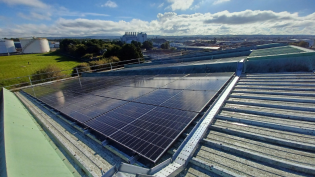 View of some of the roof mounted solar panels at Longman Drive waste water pumping station in Inverness