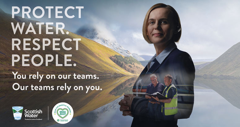 image of business woman against mountainous background with caption Protect Water. Respect people