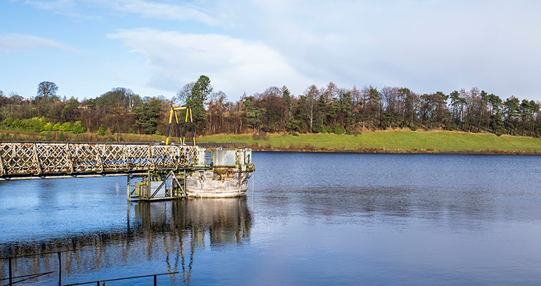 bridge and water tower over a reservoir