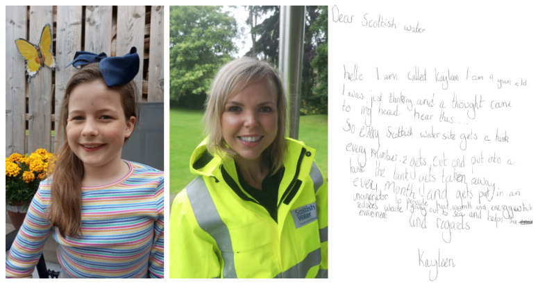 Kayleen Paterson (9) from Dingwall and Kirsty McLaughlan of Scottish Water with the letter that Kayleen sent to outline her idea